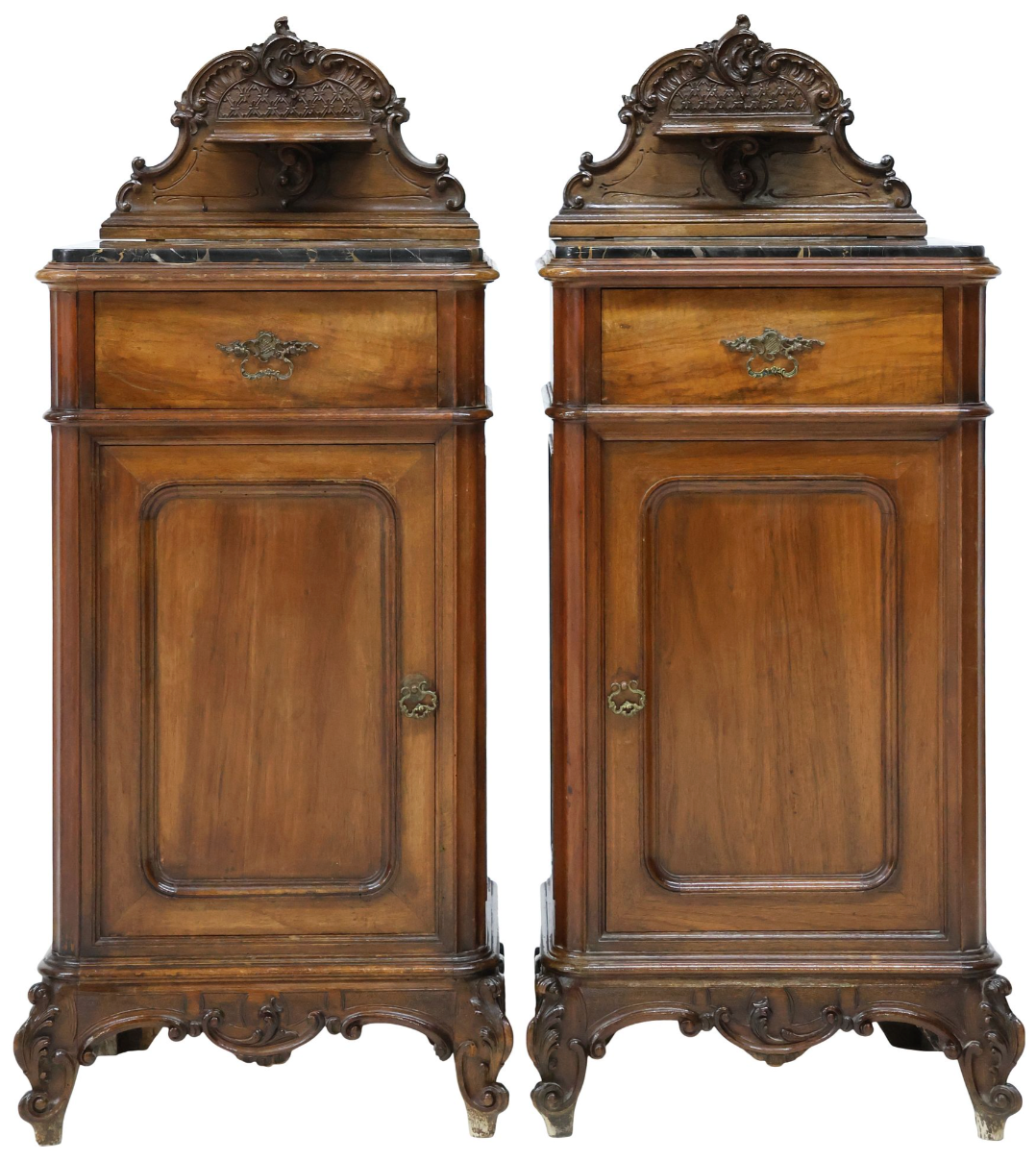 Pair of vintage Louis XV style mahogany nightstands with marble tops, elegant antique wooden bedside tables.