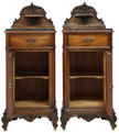 Pair of vintage Louis XV style mahogany nightstands with marble tops, elegant antique furniture for bedroom decor.