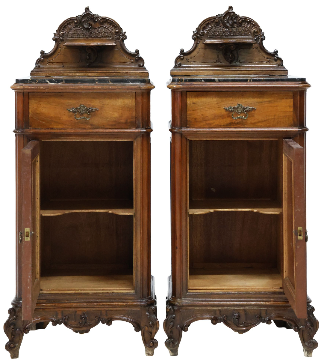 Pair of vintage Louis XV style mahogany nightstands with marble tops, elegant antique furniture for bedroom decor.