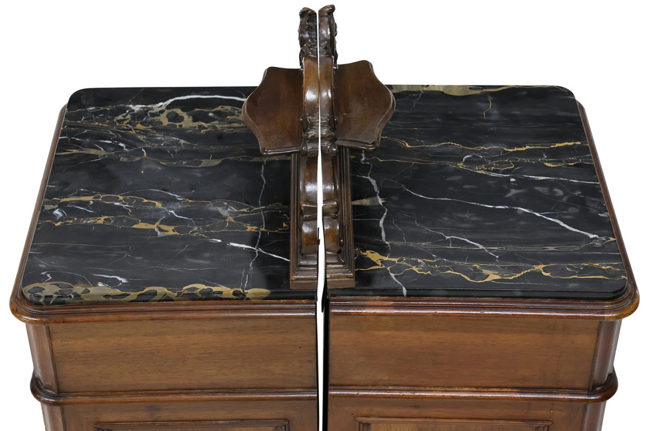 Pair of vintage Louis XV style mahogany nightstands with marble tops, elegant antique bedroom furniture.