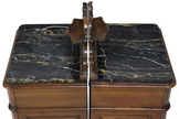 Pair of vintage Louis XV style mahogany nightstands with marble tops, elegant antique bedroom furniture.