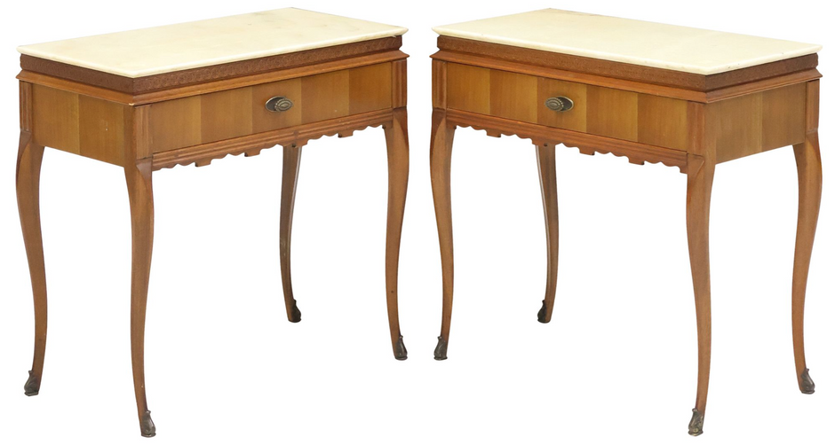 Pair of vintage Louis XV style marble top nightstands with ornate wooden legs and classic antique finish.