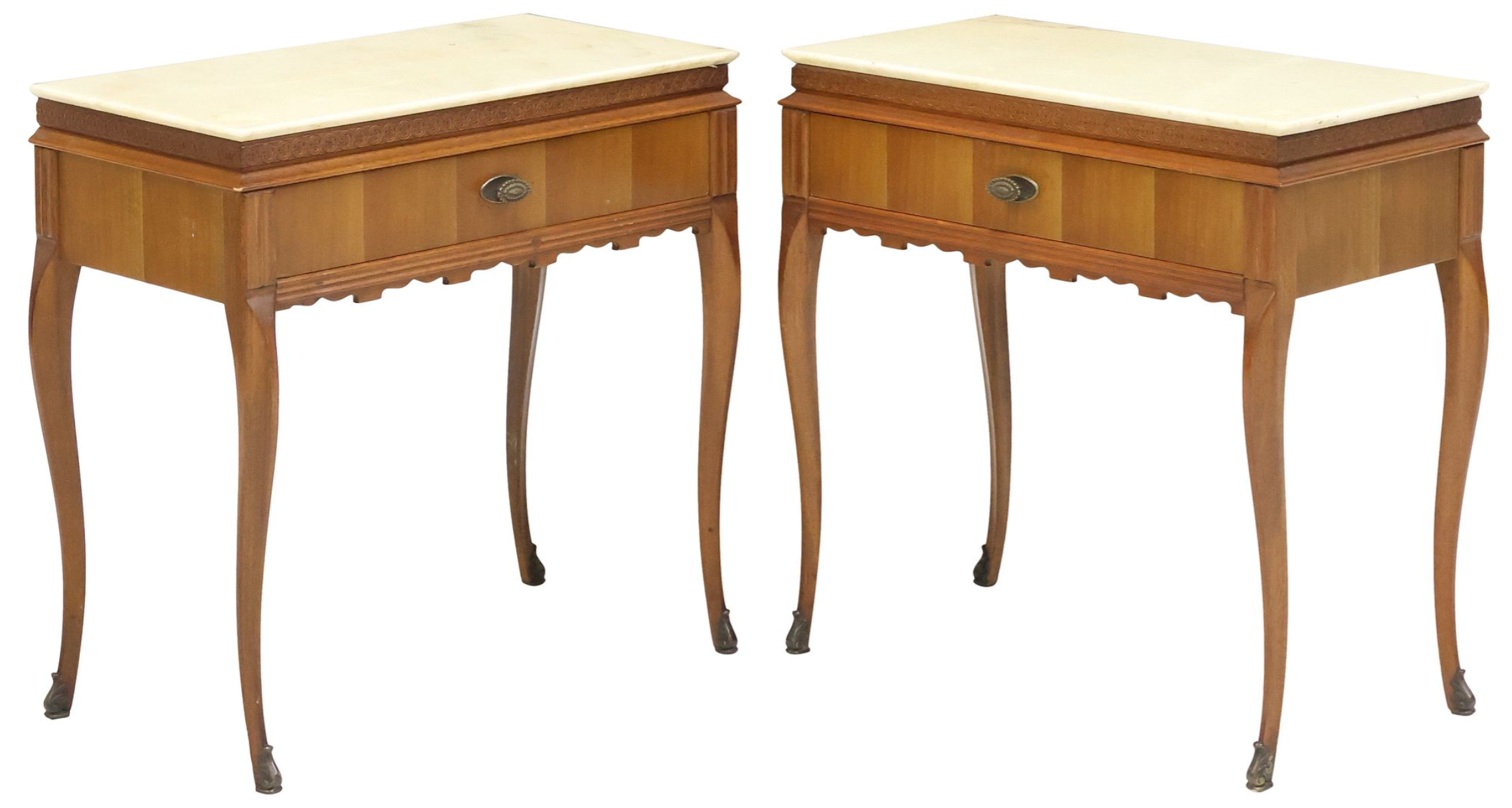 Pair of vintage Louis XV style marble top nightstands with ornate wooden legs and classic antique finish.