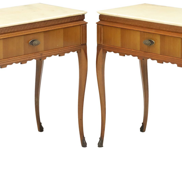 Pair of vintage Louis XV style marble top nightstand side tables with intricate carved wood details and elegant design.