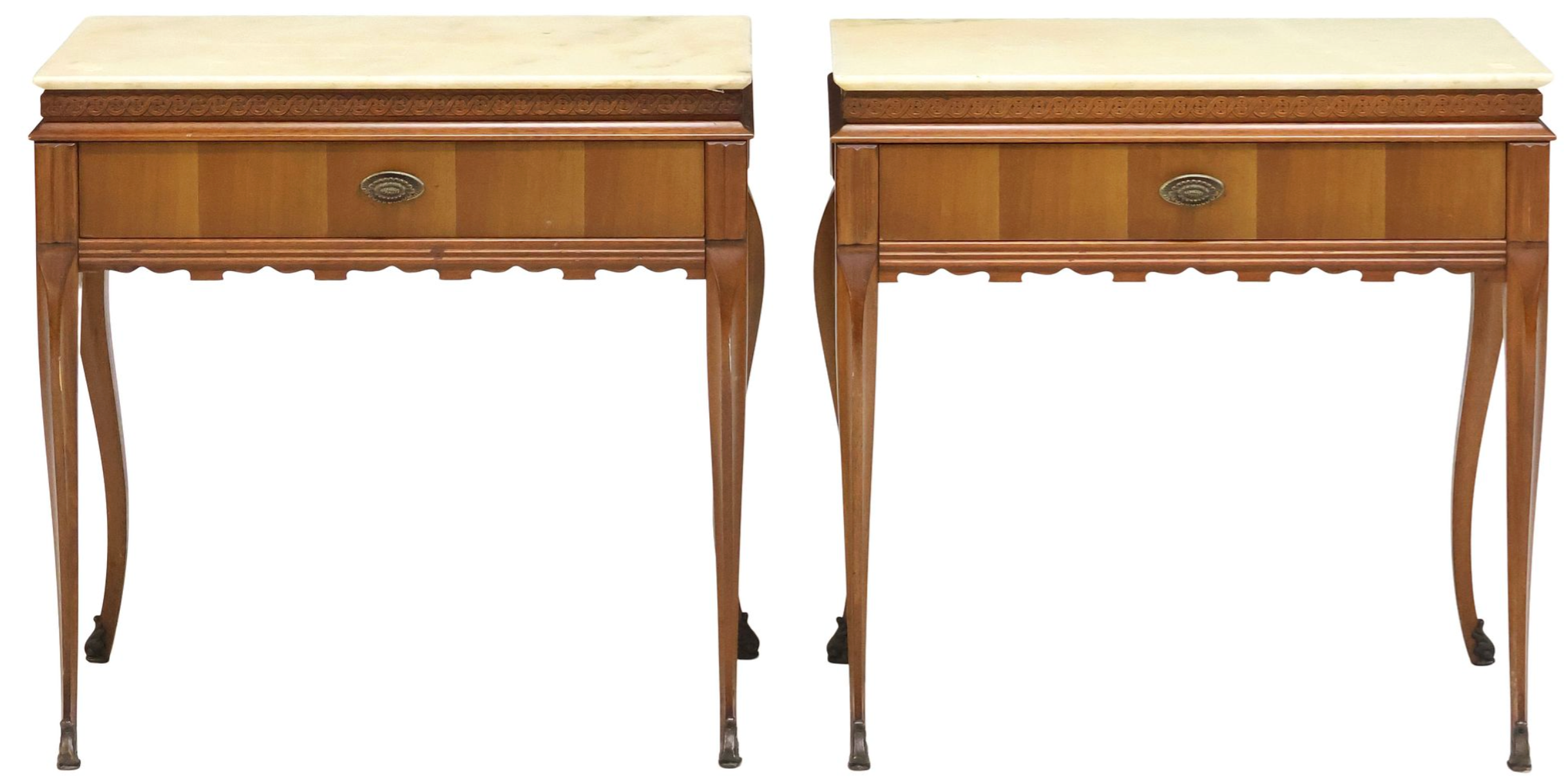 Pair of vintage Louis XV style marble top nightstands with ornate wood detailing, ideal as elegant side tables.