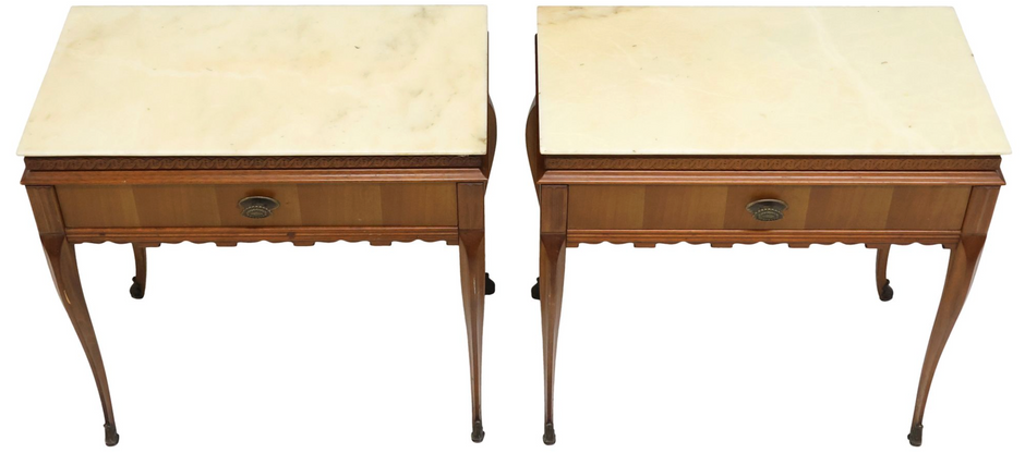 Pair of Vintage Louis XV style marble top nightstands with ornate wooden legs and elegant design.