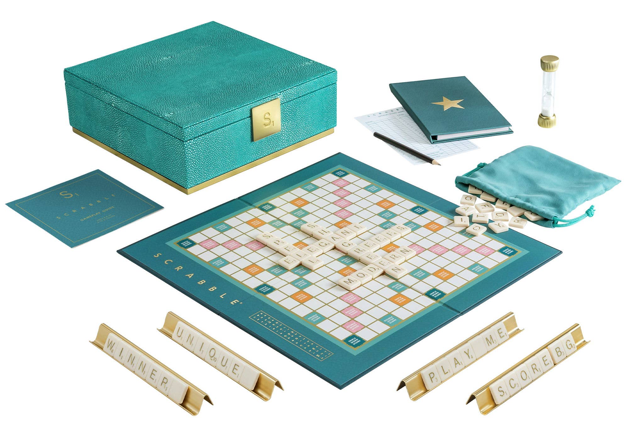 Scrabble Del Mar Shagreen Edition game by WS Game Company, featuring a luxurious shagreen-textured game board and tiles.