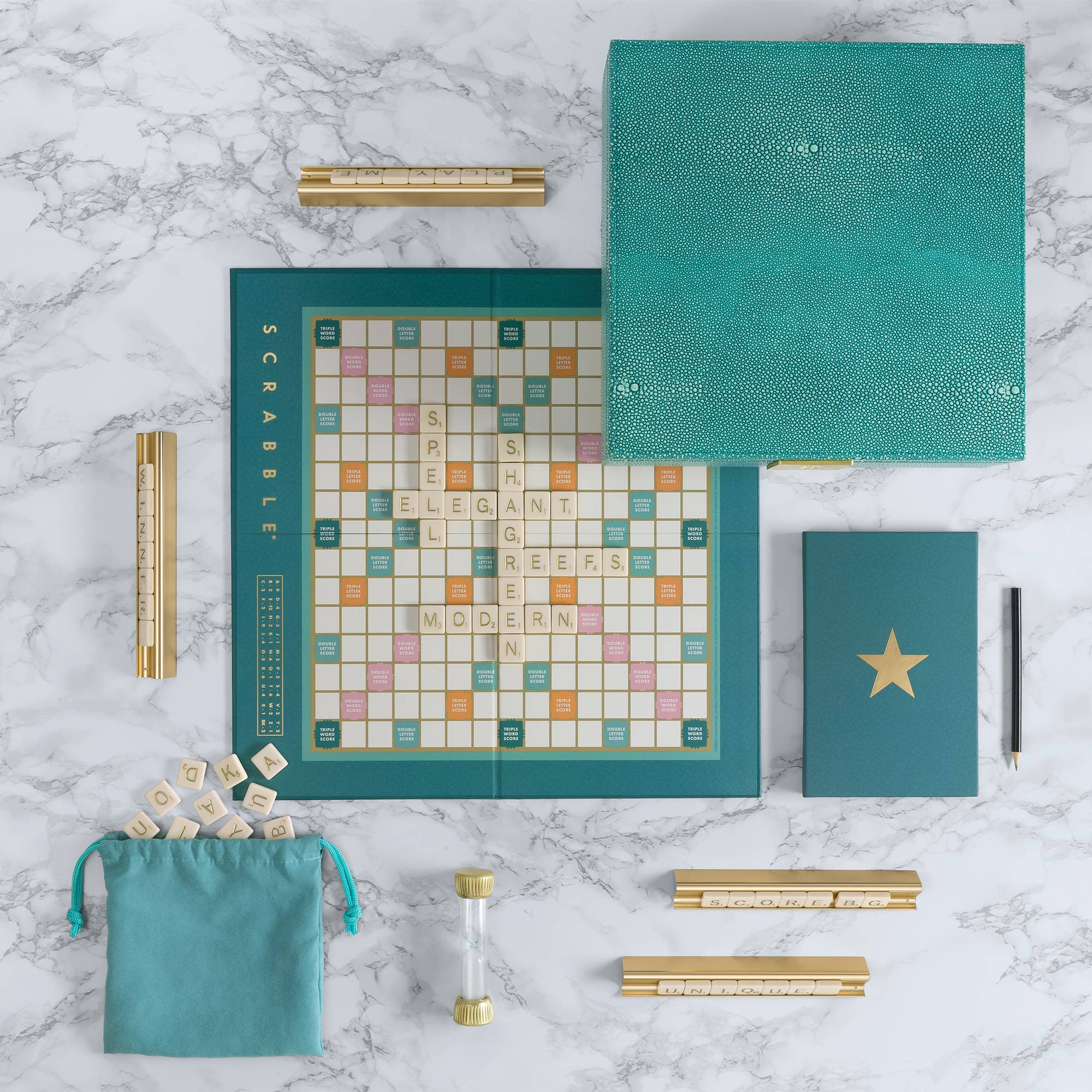 Scrabble Del Mar Shagreen Edition board game by WS Game Company with elegant shagreen-textured surface and classic design