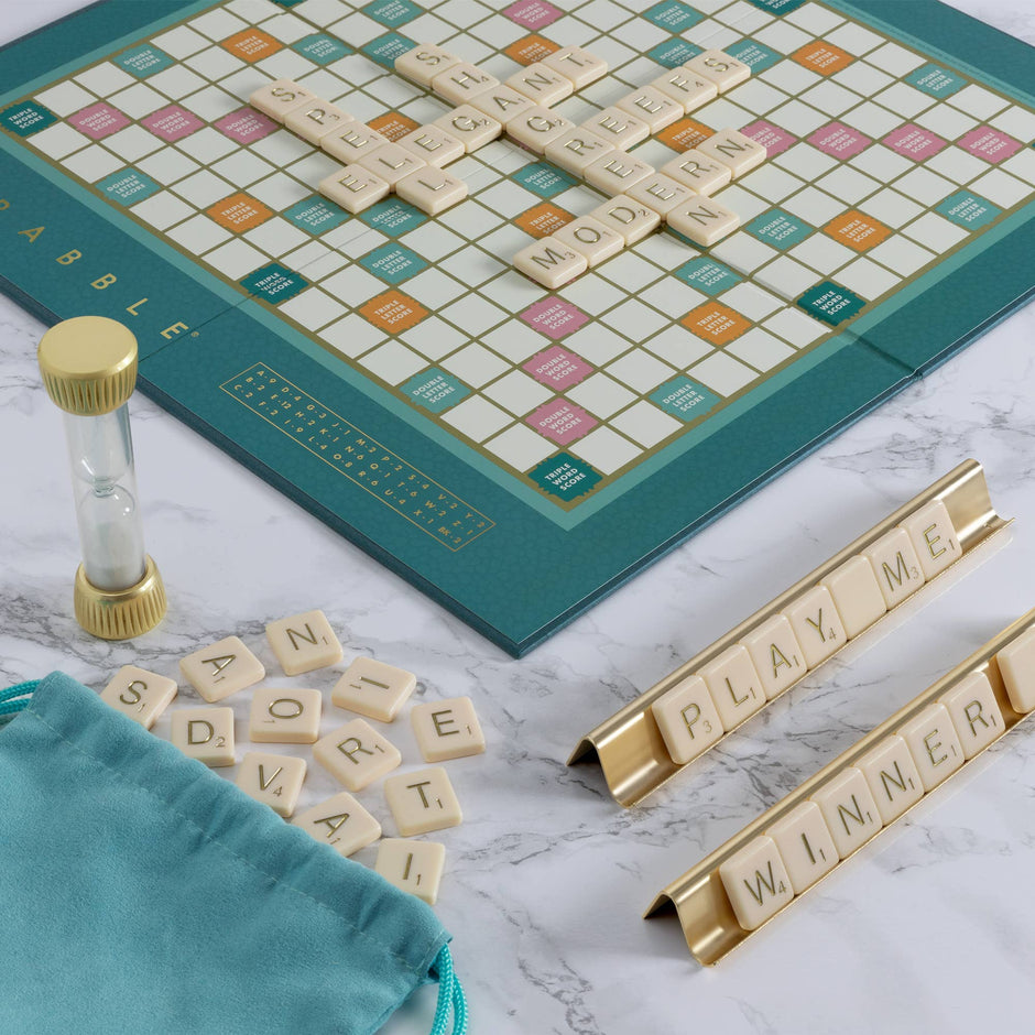 Scrabble Del Mar Shagreen Edition game by WS Game Company featuring a luxurious shagreen-textured game board and letter tiles.