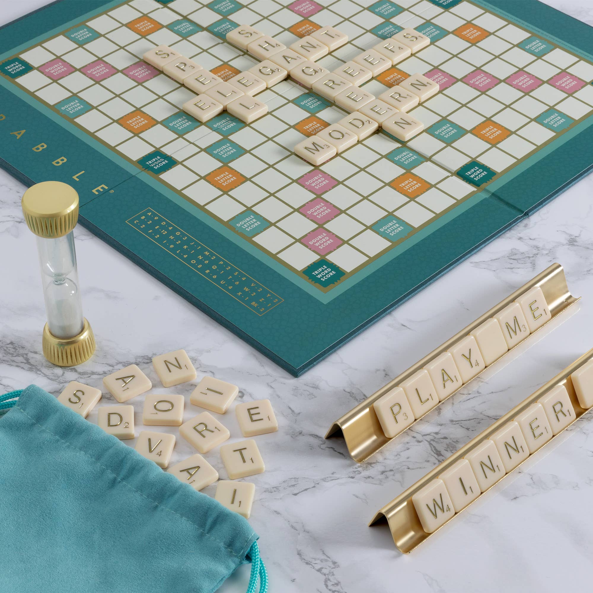Scrabble Del Mar Shagreen Edition game by WS Game Company featuring a luxurious shagreen-textured game board and letter tiles.
