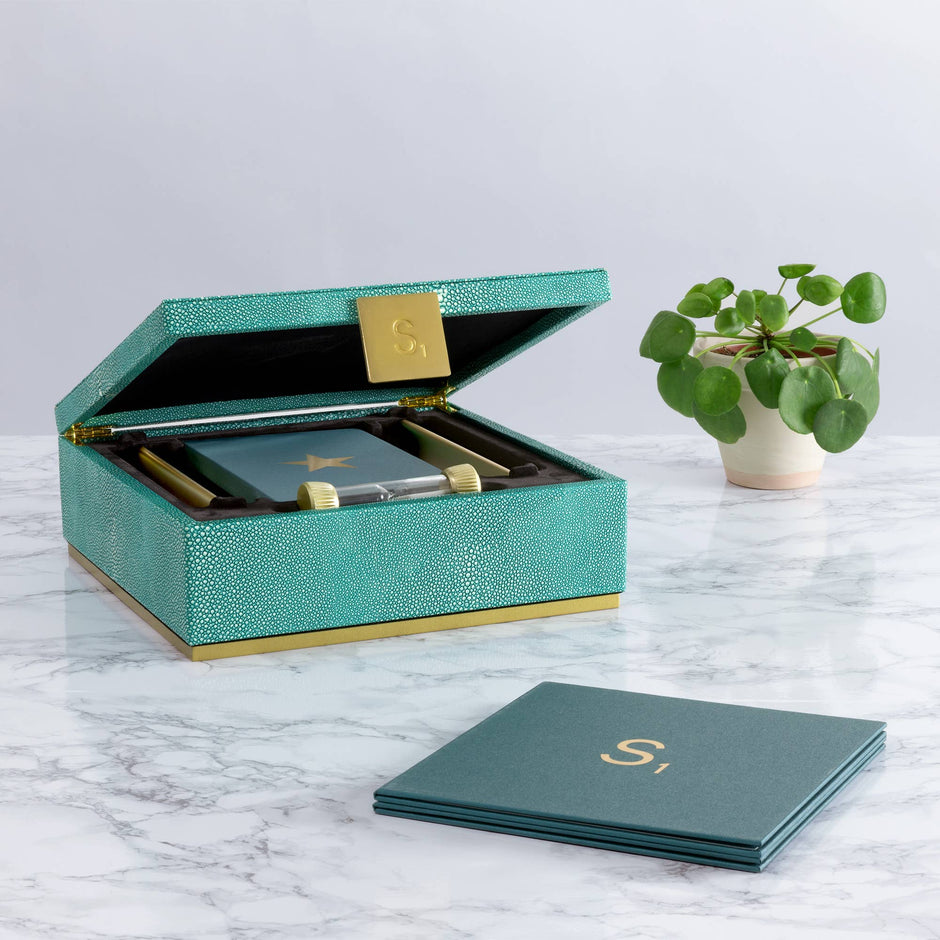 Scrabble Del Mar Shagreen Edition game by WS Game Company with elegant shagreen textured box and classic game components.
