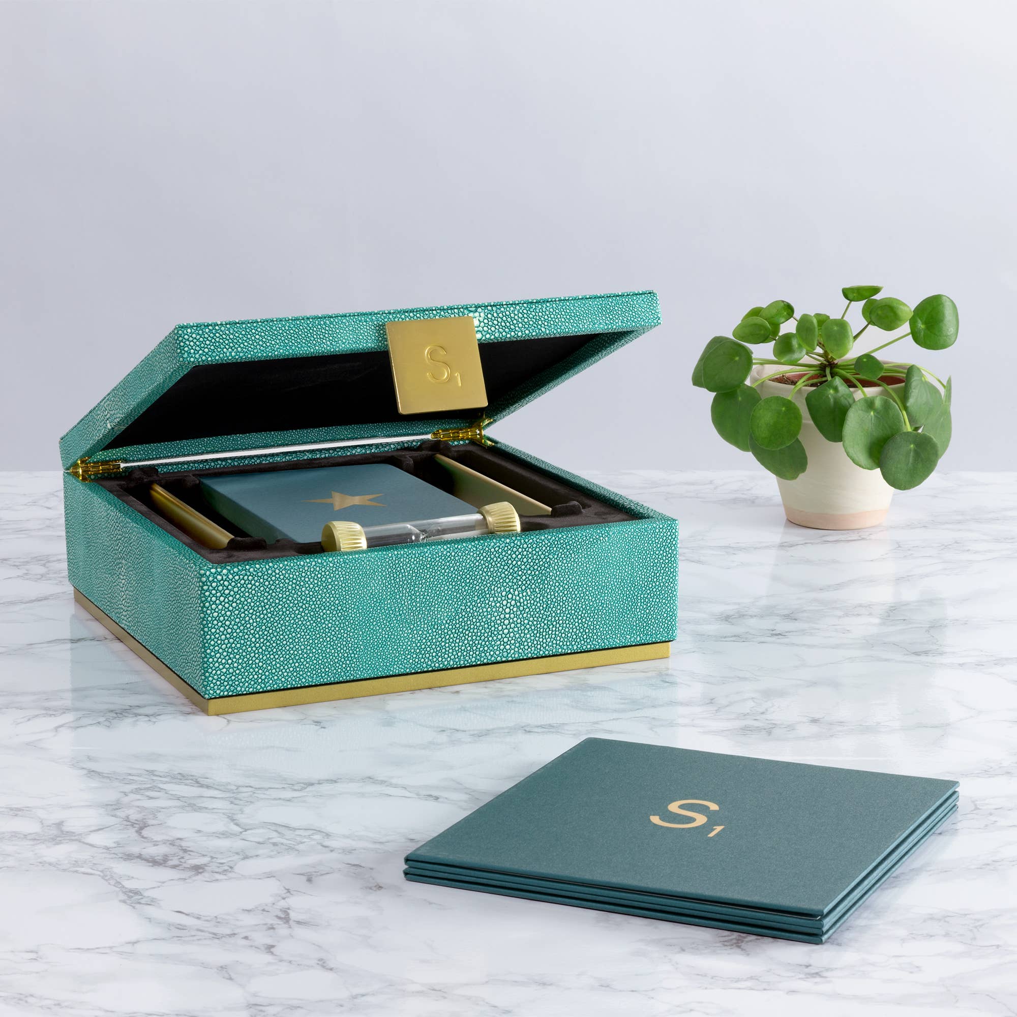 Scrabble Del Mar Shagreen Edition game by WS Game Company with elegant shagreen textured box and classic game components.