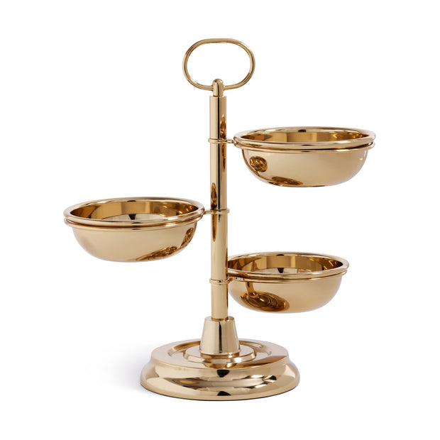 Polished gold 3-tier condiment set, Zodax bar accessory with multiple compartments for condiments and garnishes.