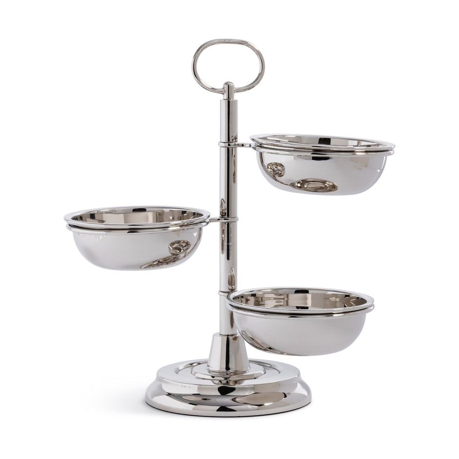 Polished nickel 3-tier condiment set from Zodax bar accessories, featuring multiple compartments for condiments and garnishes.