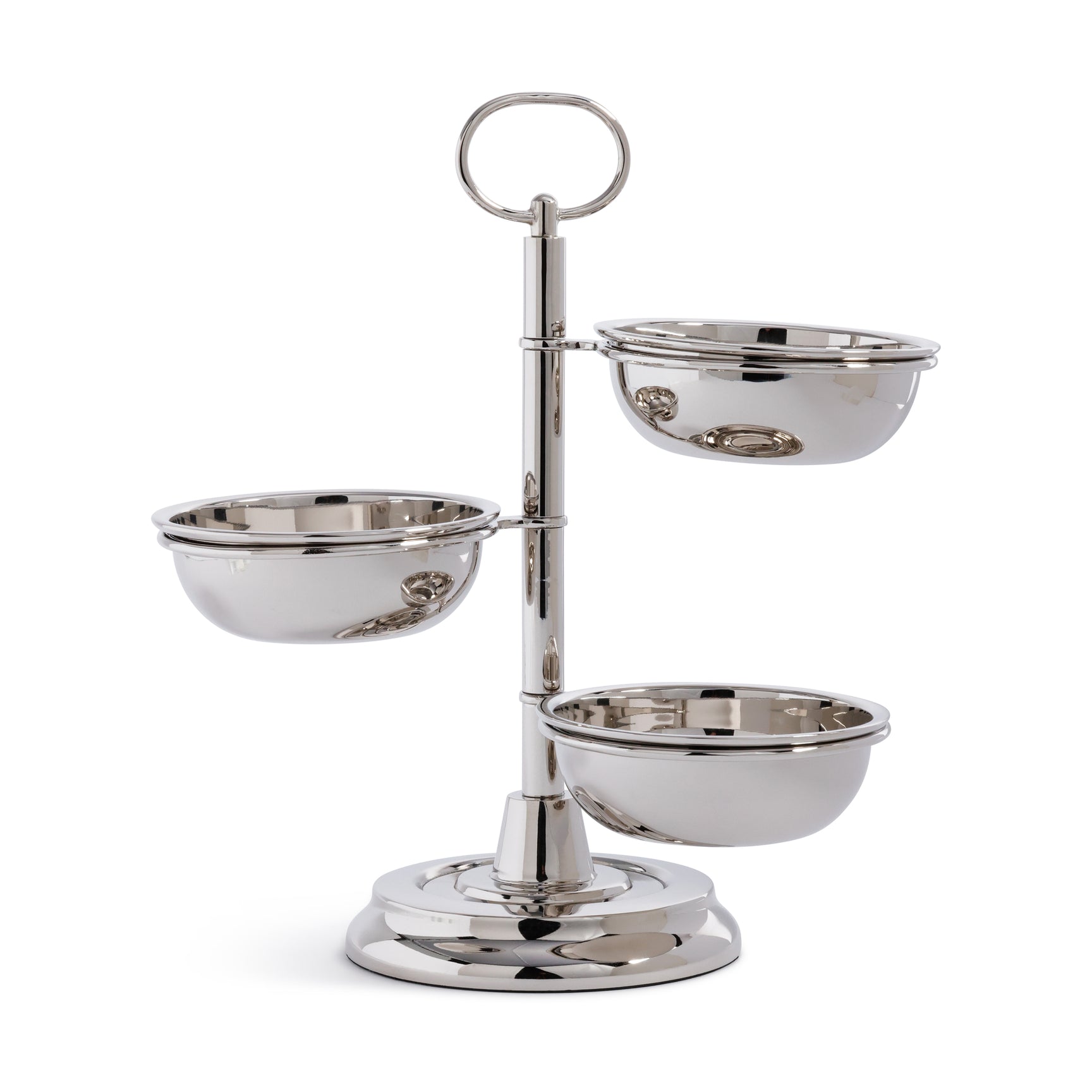 Polished nickel 3-tier condiment set from Zodax bar accessories, featuring multiple compartments for condiments and garnishes.