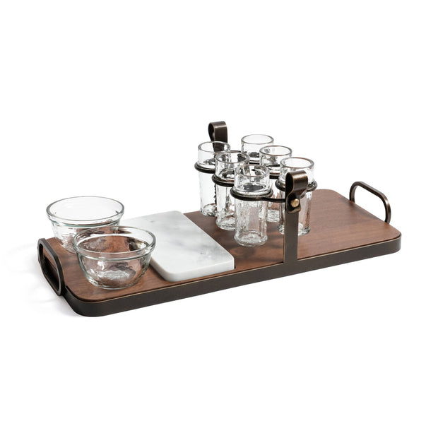 Zodax Cipriano Tequila Set with bar accessories including shot glasses and a tequila bottle display for stylish serving.