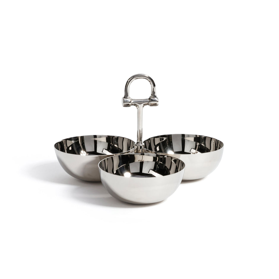 Polished nickel Zodax equestrian-themed condiment set with three bar accessories displayed on a wooden surface.
