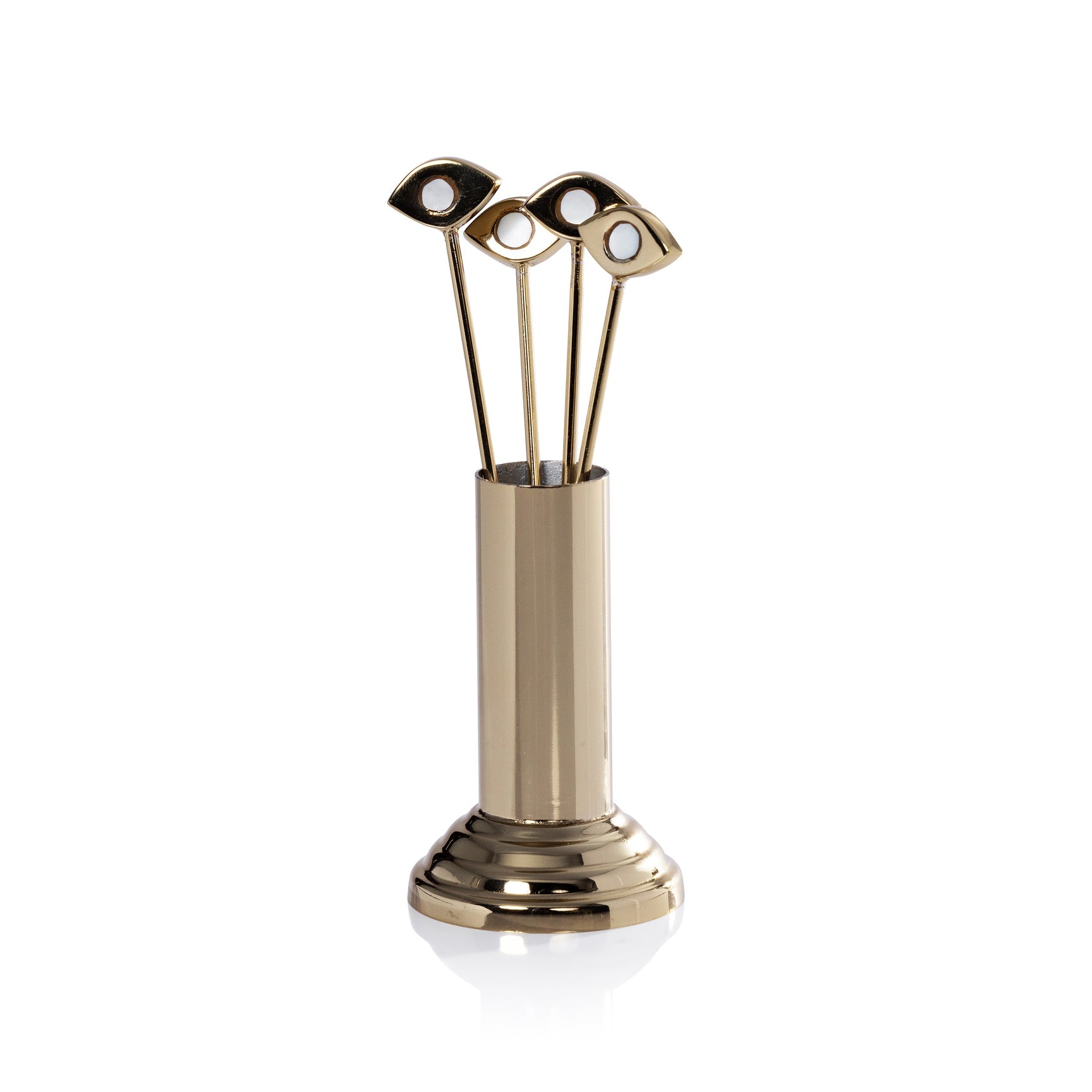 Gold evil eye cocktail picks with matching stand, Zodax bar accessory set for elegant drink garnishing.