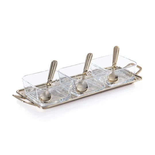 Glass and silver condiment set by Zodax, featuring elegant bar accessories for serving condiments in a stylish display.