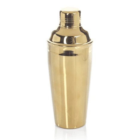 Gold cocktail shaker from Zodax bar accessories set, featuring a sleek metallic finish and classic shaker design for mixing drinks.