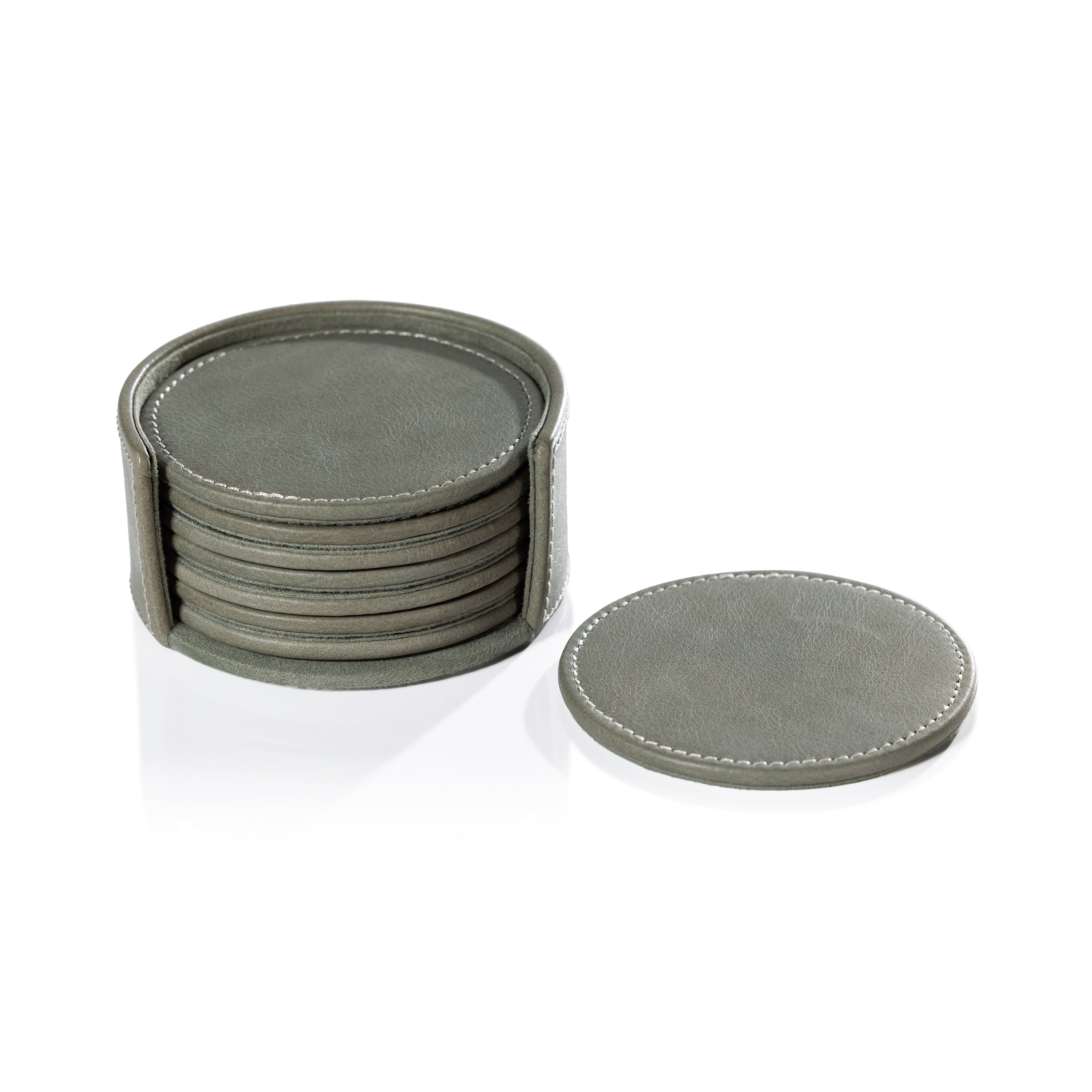 Set of six sage round leather coasters by Zodax, bar accessories with stylish leather design for protecting surfaces.