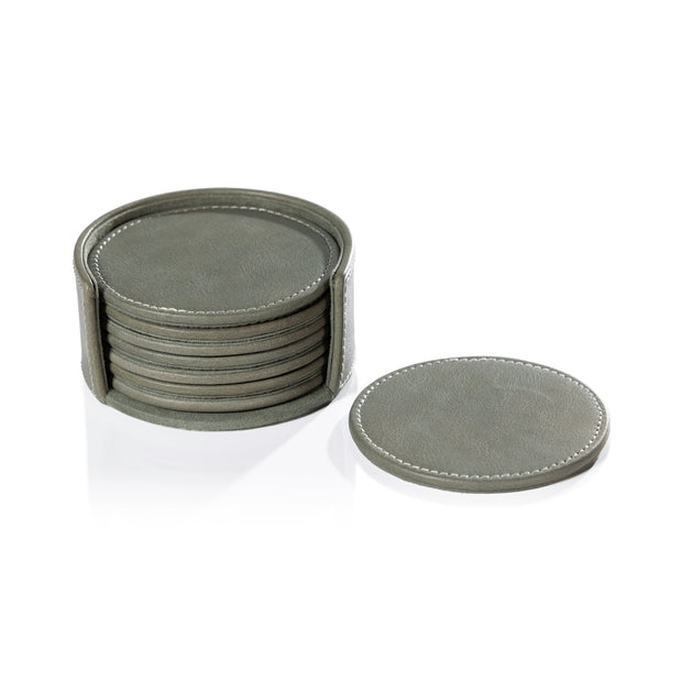 Set of six sage round leather coasters by Zodax, bar accessories with stylish leather design for protecting surfaces.
