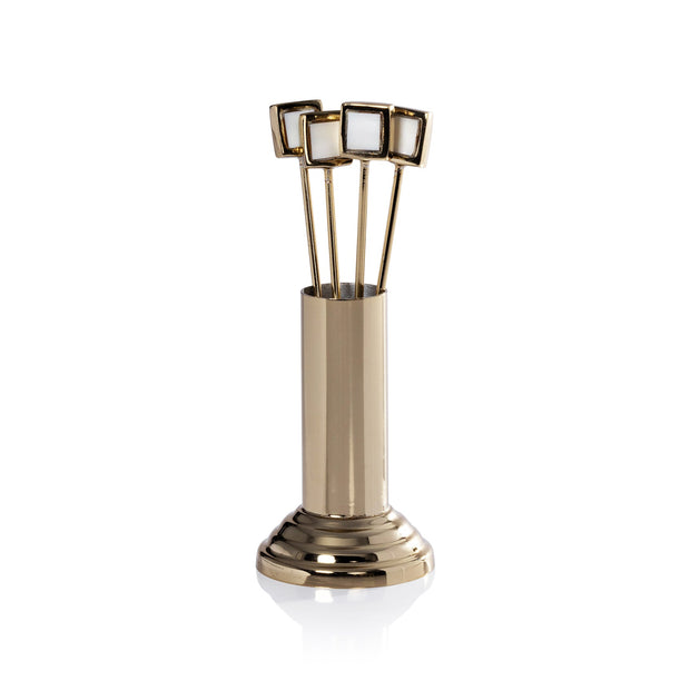 Zodax Spiga cocktail picks with stand, bar accessories for garnishing drinks, featuring elegant gold-tone design and wooden picks.