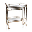 Zodax Spiga gold bar cart with sleek design, four wheels, and a spacious top surface for drinks and barware.