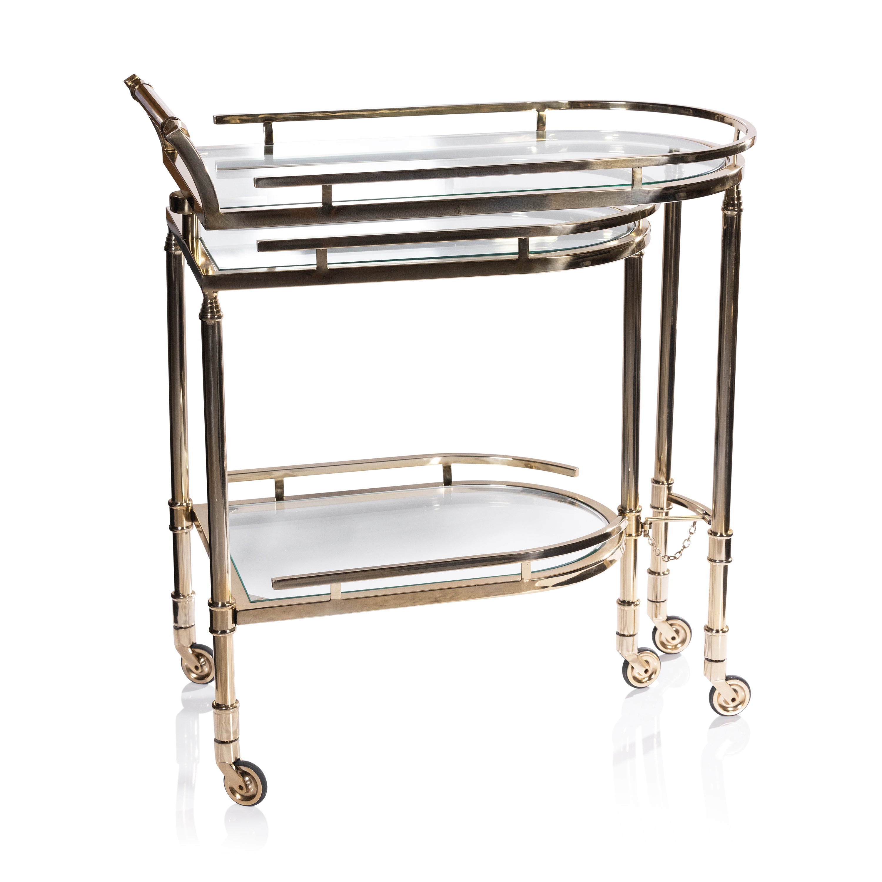 Zodax Spiga gold bar cart with sleek design, four wheels, and a spacious top surface for drinks and barware.