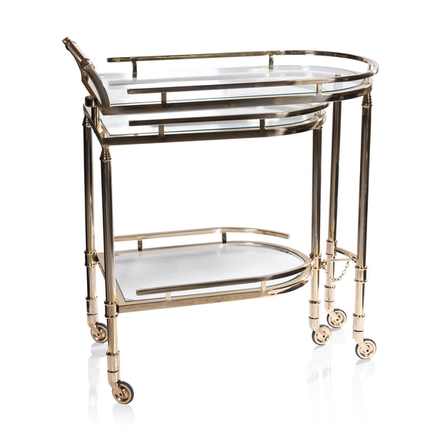 Zodax Spiga Gold Bar Cart with sleek gold finish, featuring a modern design and multiple shelves for stylish beverage storage.