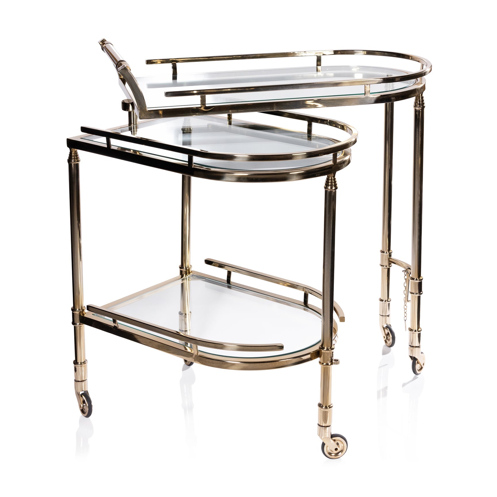 Zodax Spiga Gold Bar Cart with sleek metal frame and glass shelves, modern design for stylish beverage storage and display