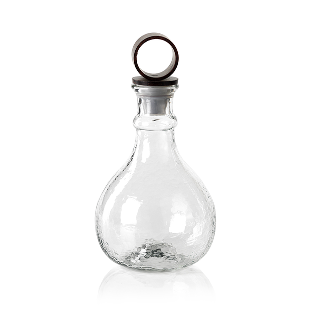 Hammered glass decanter with iron stopper, Zodax barware piece for elegant beverage presentation