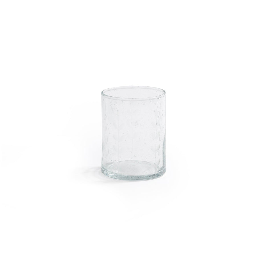 Handblown etched Caspian tumbler from Zodax barware collection, showcasing intricate etched designs on clear glass.