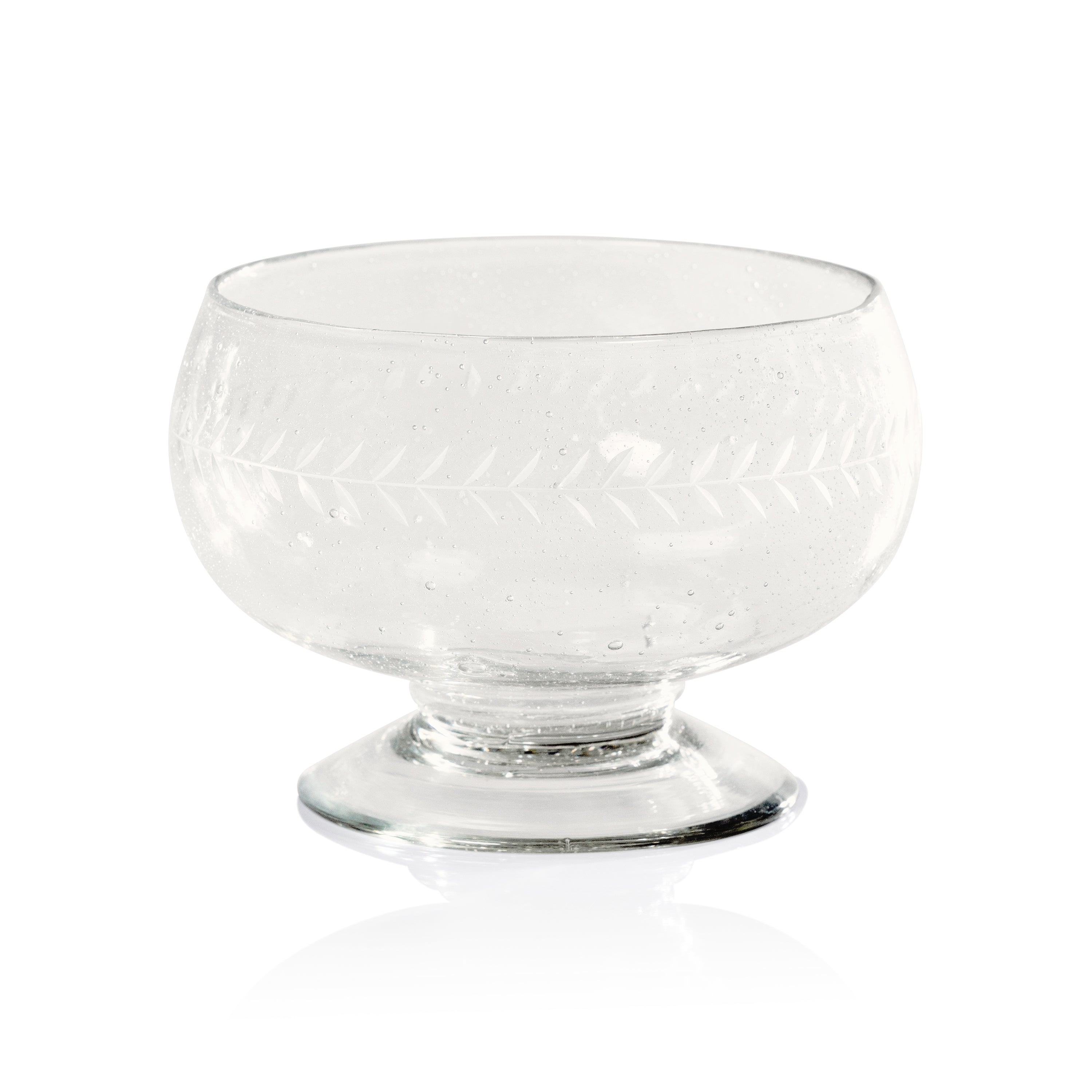 Handblown etched condiment bowl from Zodax barware, featuring a clear glass design with intricate etched patterns.