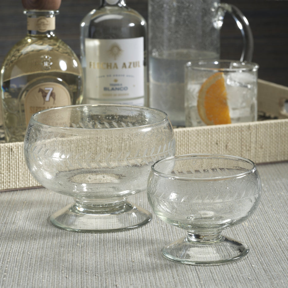Handblown etched condiment bowl by Zodax, barware piece with intricate etched design, perfect for serving condiments.