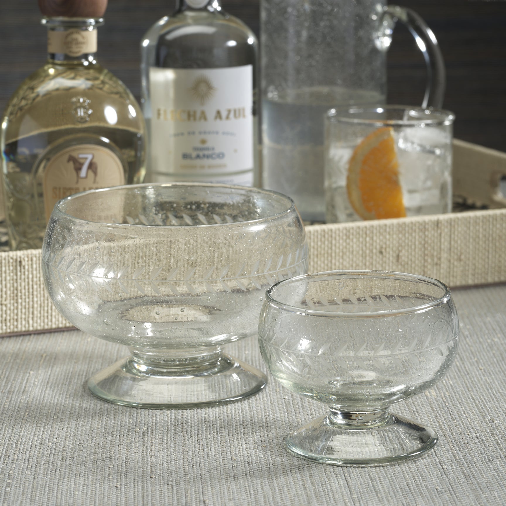 Handblown etched condiment bowl by Zodax, barware piece with intricate etched design, perfect for serving condiments.
