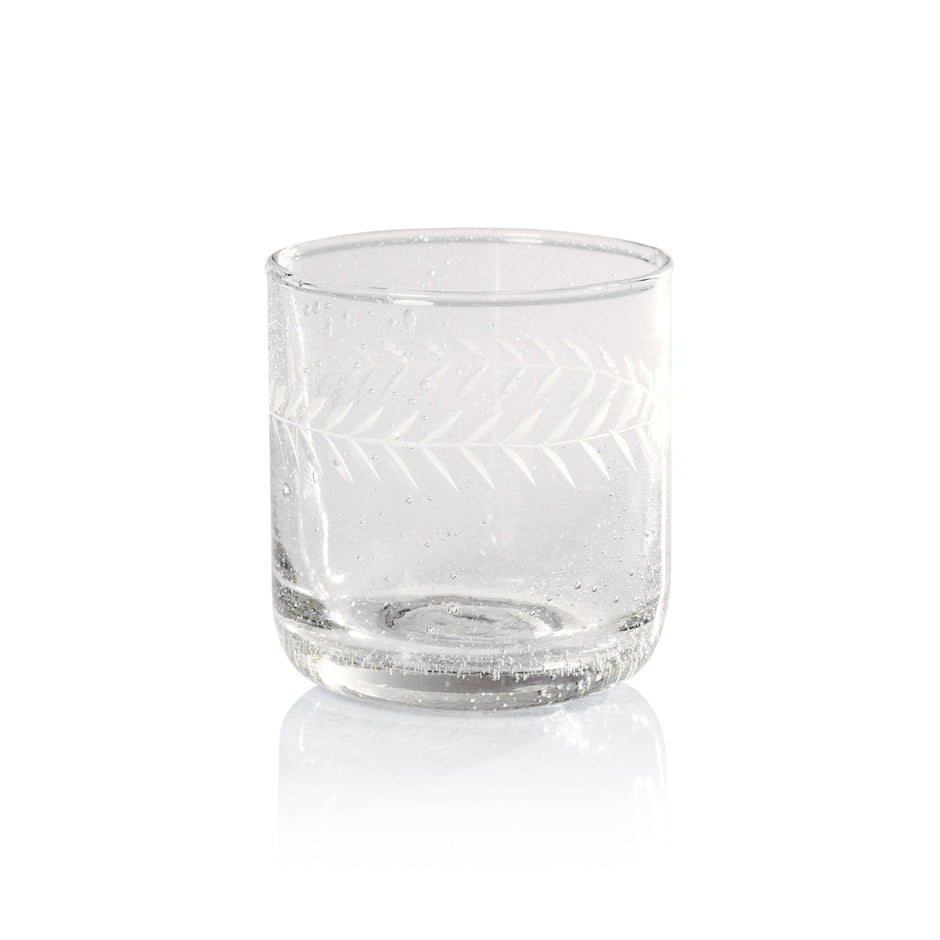 Handblown etched rocks glass by Zodax for barware, featuring a clear glass with intricate etched rock pattern.
