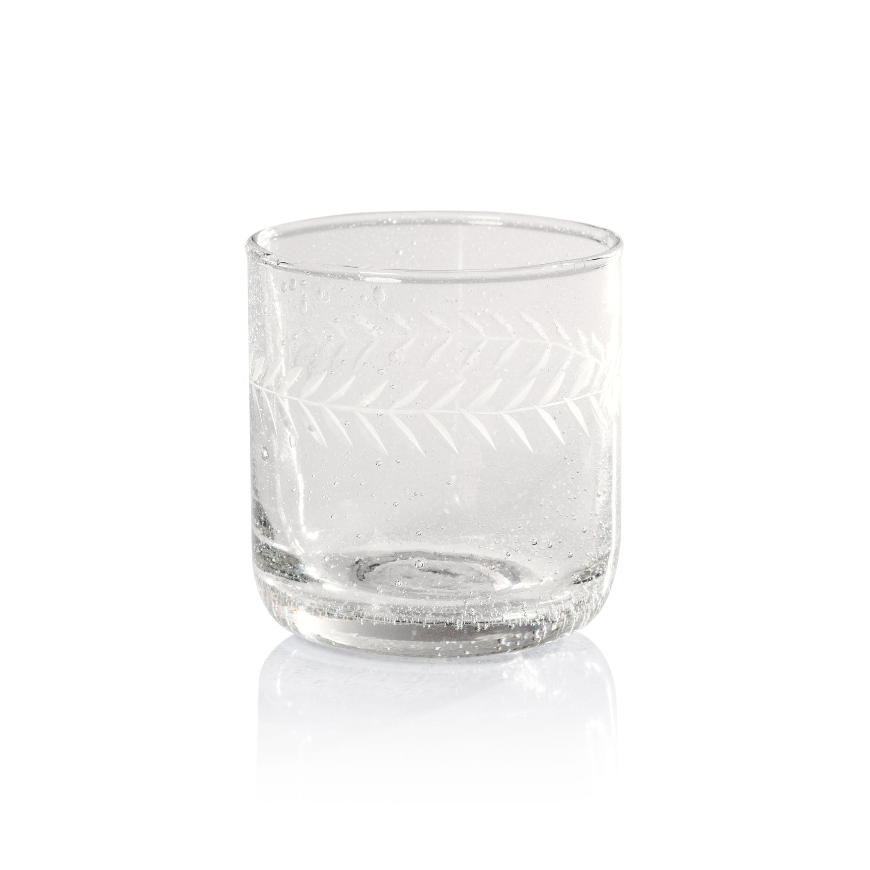 Handblown etched rocks glass by Zodax for barware, featuring a clear glass with intricate etched rock pattern.