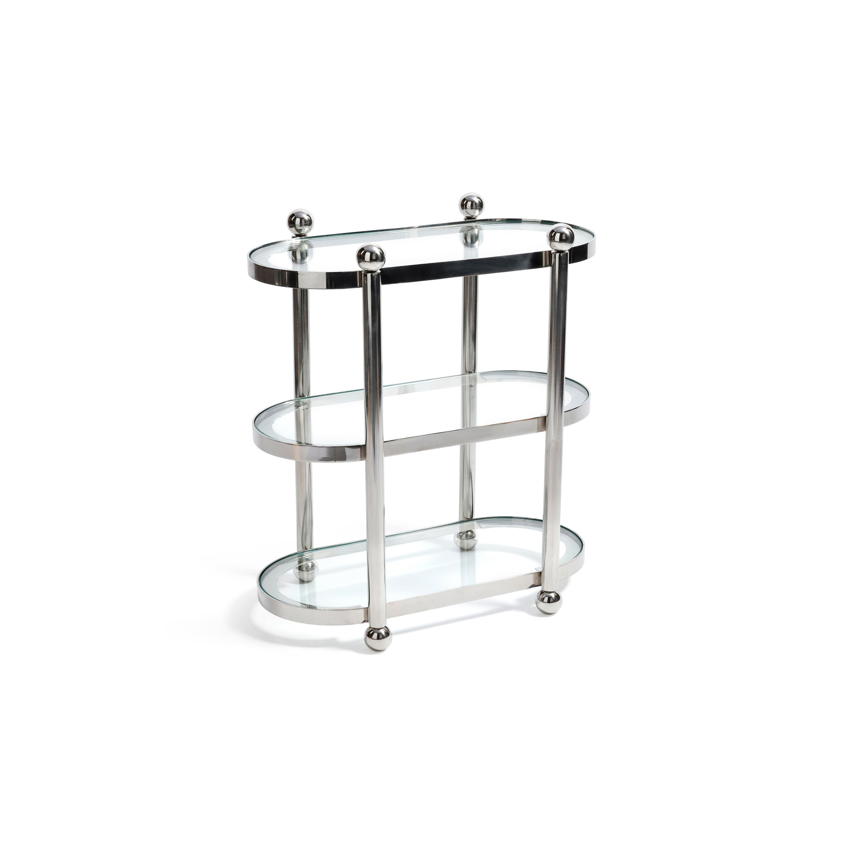 Polished chrome three-tier bookshelf by Zodax with open shelves for displaying books and decor items.