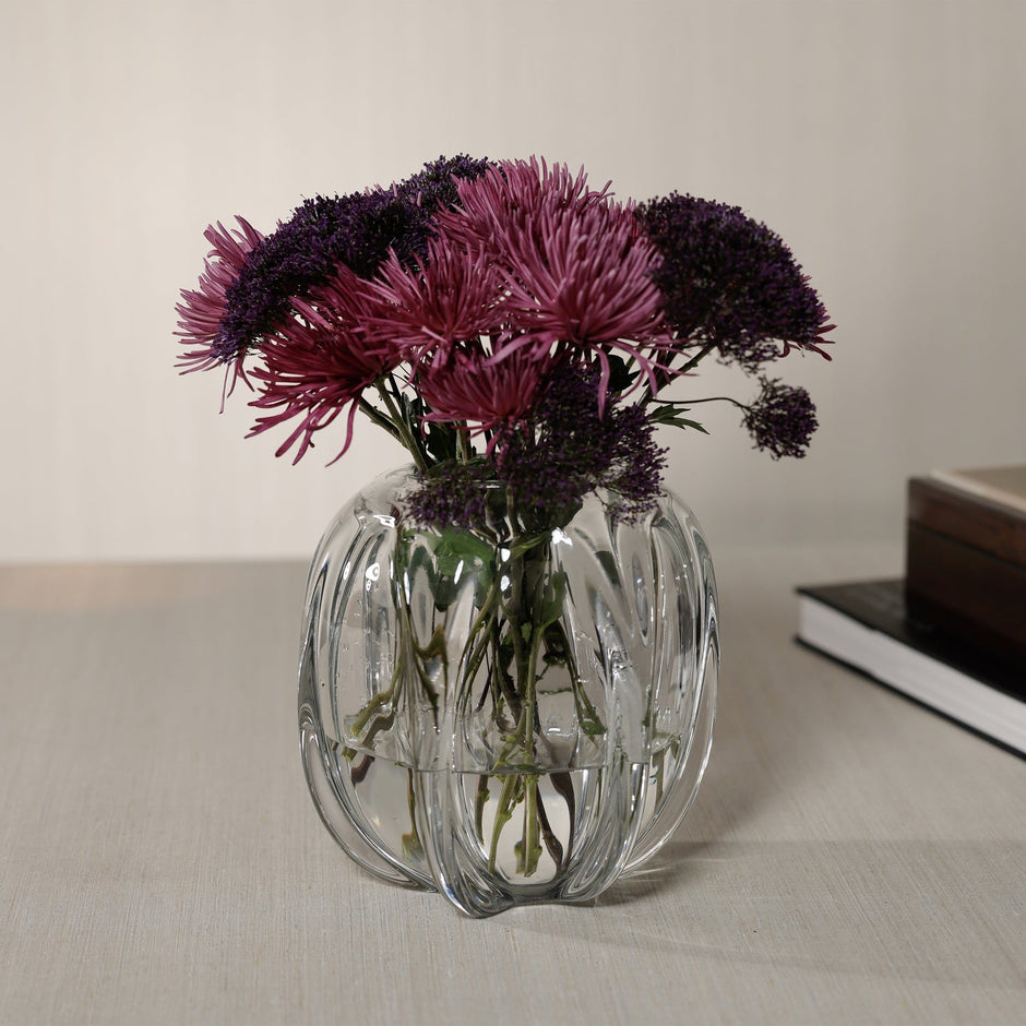 Zodax Liège blown glass decor bowl vase with a smooth, rounded shape and clear glass finish for elegant home decor.