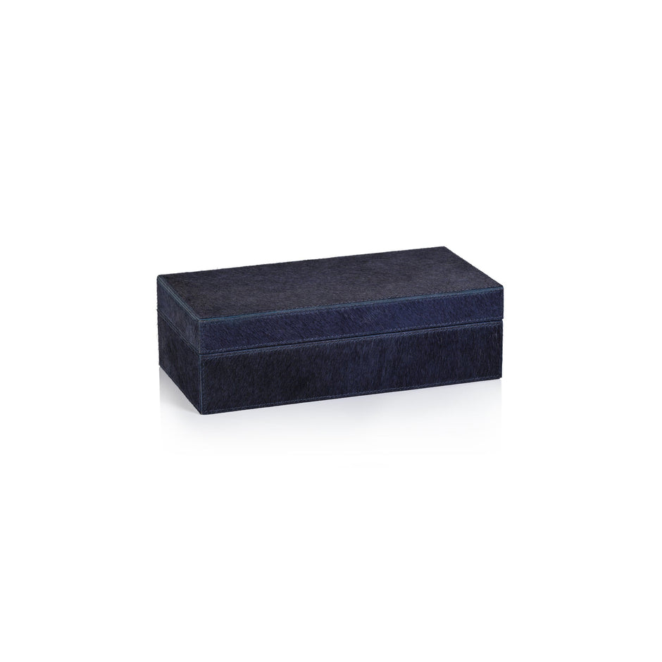 Corviglia Navy Hair on Hide Decor Box by Zodax, small decorative storage box with navy hair-on-hide pattern and wood base.