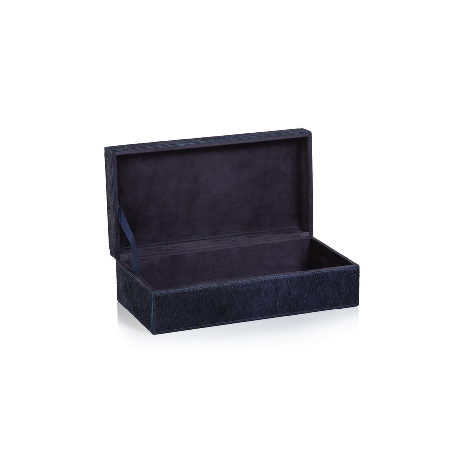 Corviglia Navy Hair on Hide Decor Box by Zodax, small decorative storage box with navy hair-on-hide pattern and sleek design.