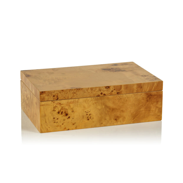Small Leiden Burl Wood Decor Box by Zodax, showcasing intricate wood grain and smooth finish, ideal for elegant storage or display.