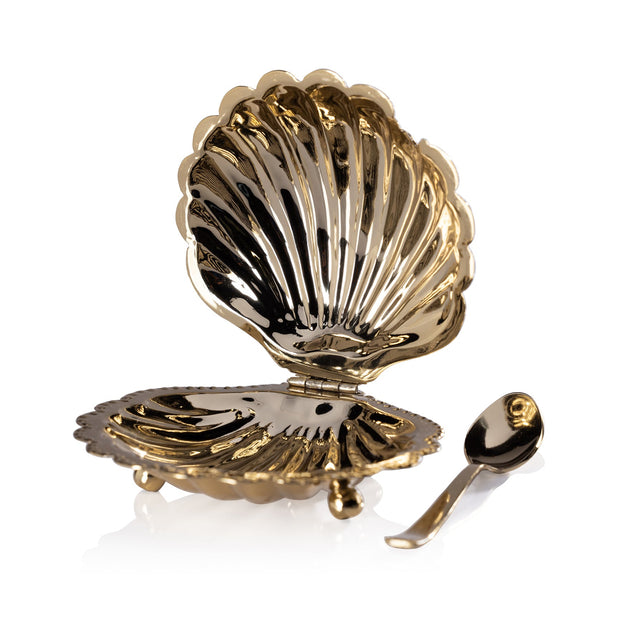 Decorative Cap Ferrat Shell Lidded Bowl with Spoon by Zodax, featuring intricate shell design and elegant presentation.