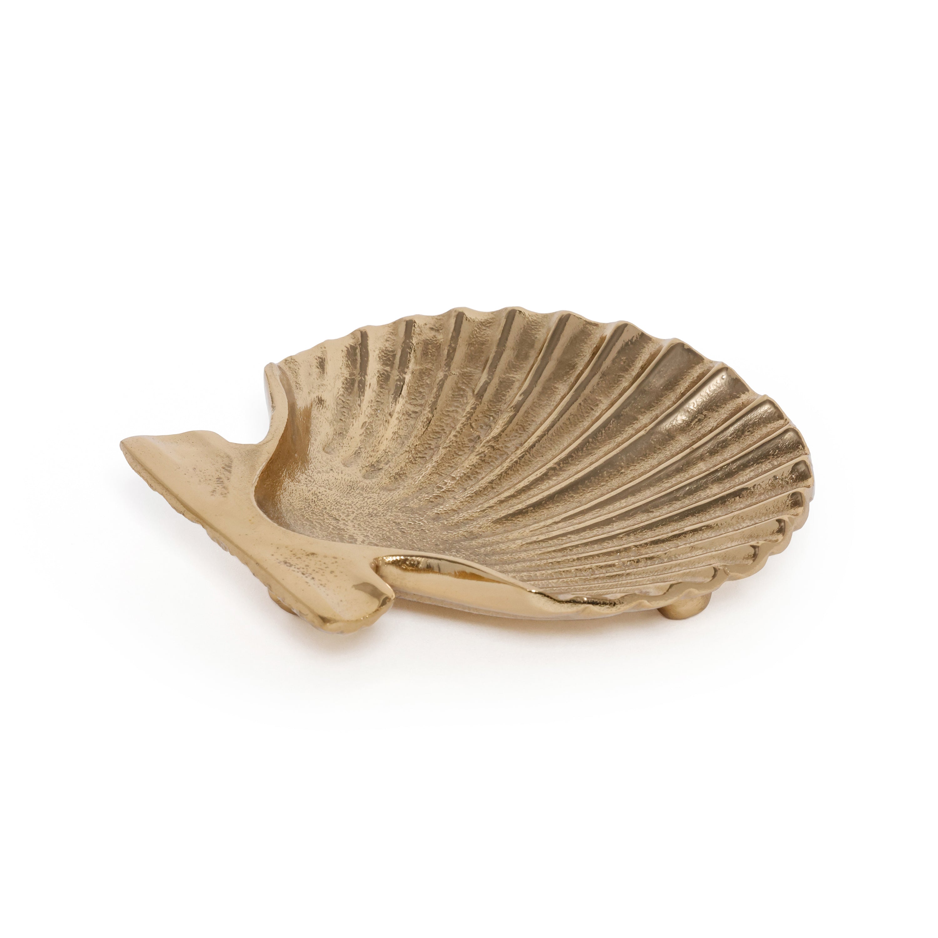 Decorative Zodax Sanibel Shell Tray in brushed gold finish, showcasing intricate shell design for home decor.