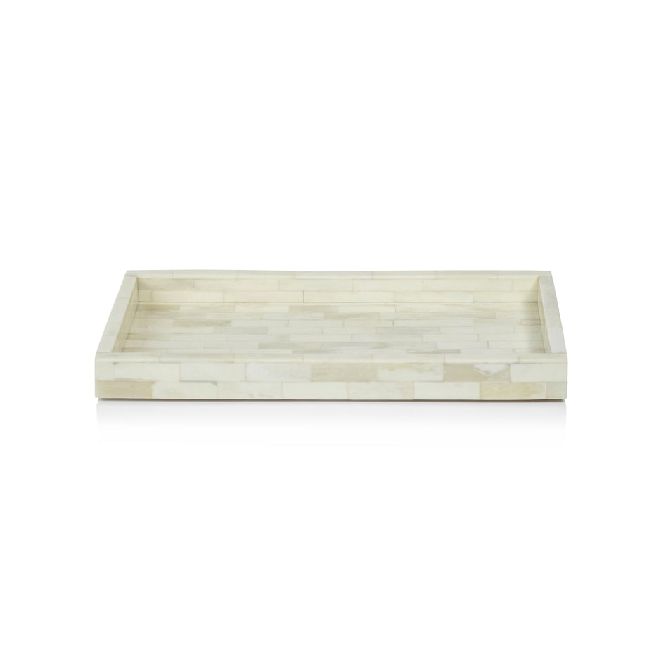 Decorative Maha White Bone Inlay Tray by Zodax with intricate white bone inlay and geometric design on a wooden tray.