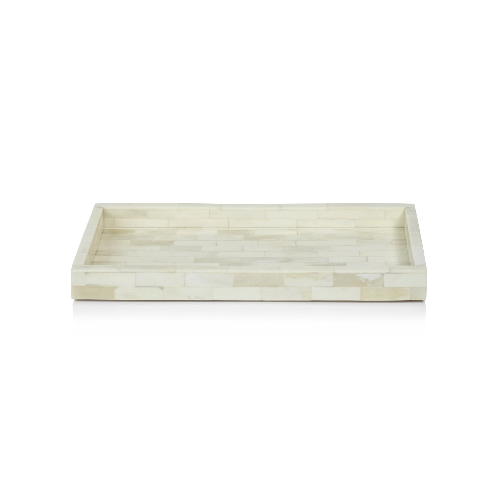 Decorative Maha White Bone Inlay Tray by Zodax with intricate white bone inlay and geometric design on a wooden tray.