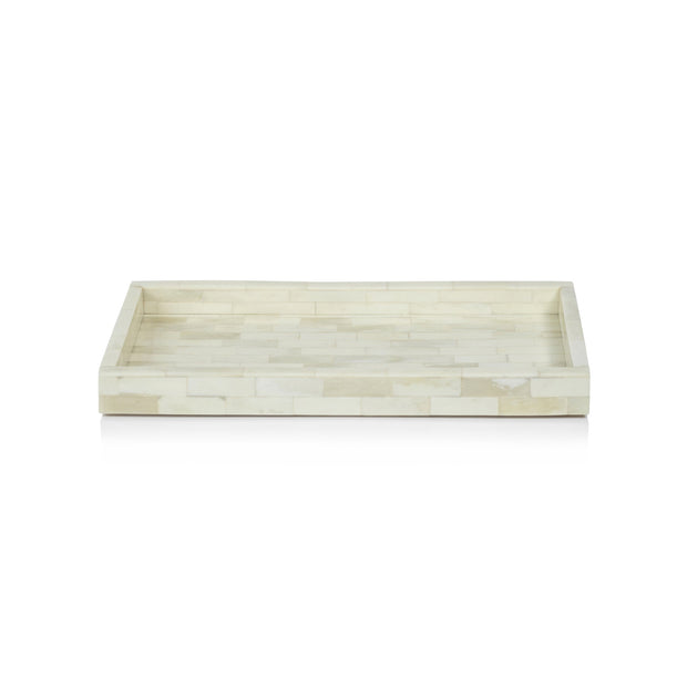 Zodax Maha White Bone Inlay Decorative Tray with intricate geometric pattern, perfect for home decor or serving.