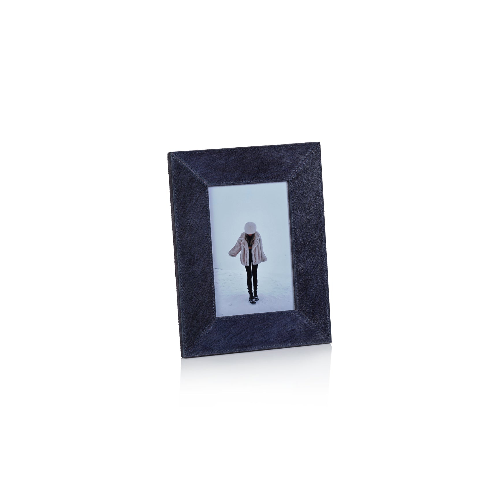 Corviglia Navy Hair on Hide Frame for 4x6 photos by Zodax, featuring a navy hair on hide design and sturdy wooden frame.