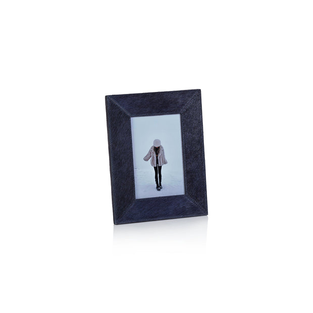 Zodax Corviglia Navy Hair on Hide 4x6 frame, decorative picture frame with textured navy and natural hide design.